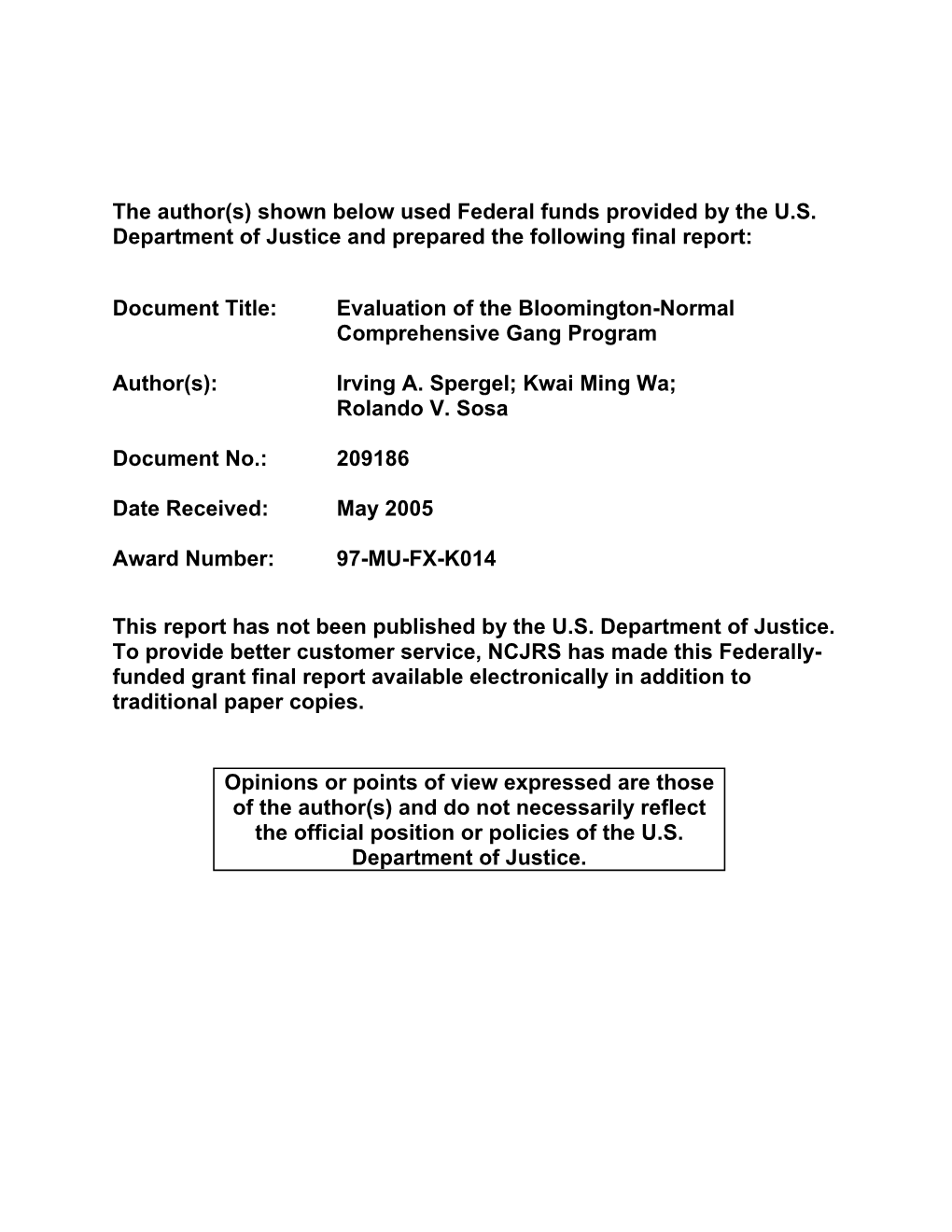 Document Title: Evaluation of the Bloomington-Normal Comprehensive Gang Program