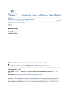 Occasional Papers on Religion in Eastern Europe Frontmatter