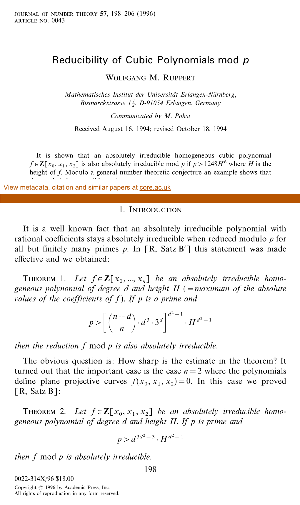 Reducibility of Cubic Polynomials Mod P Wolfgang M