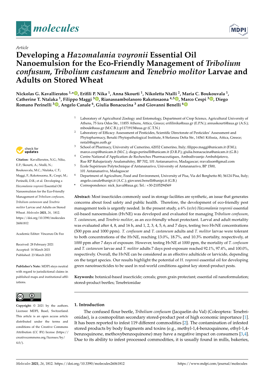 Developing a Hazomalania Voyronii Essential Oil Nanoemulsion for the Eco-Friendly Management of Tribolium Confusum, Tribolium Ca