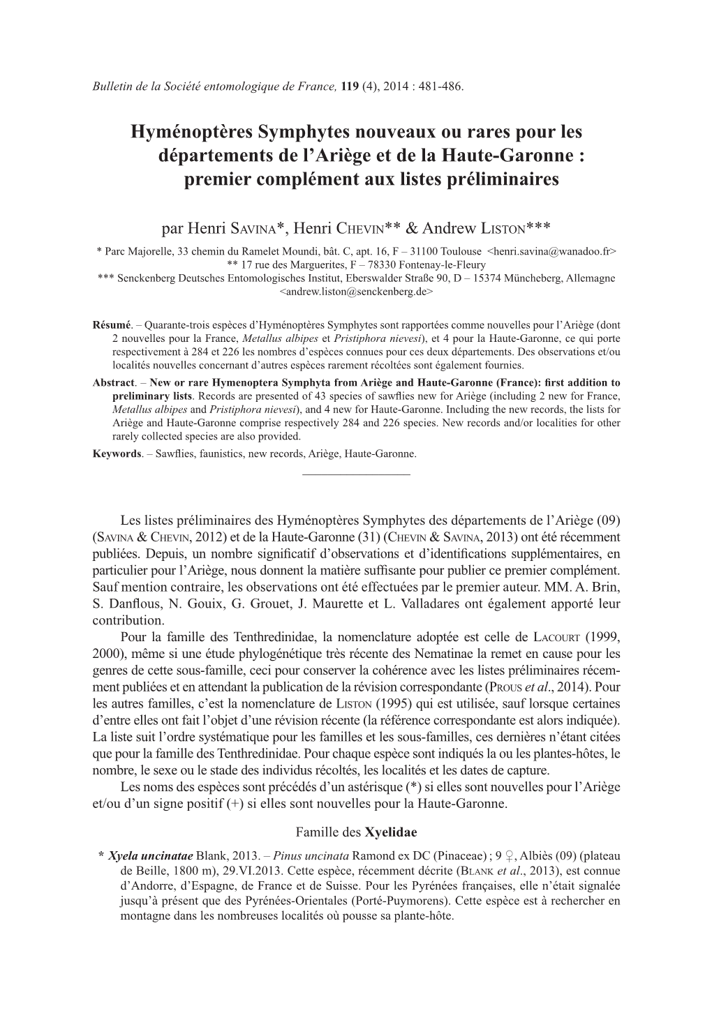 Hyménoptères Symphytes Nouveaux Ou Rares Pour Les Départements De L'ariège Et De La Haute-Garonne