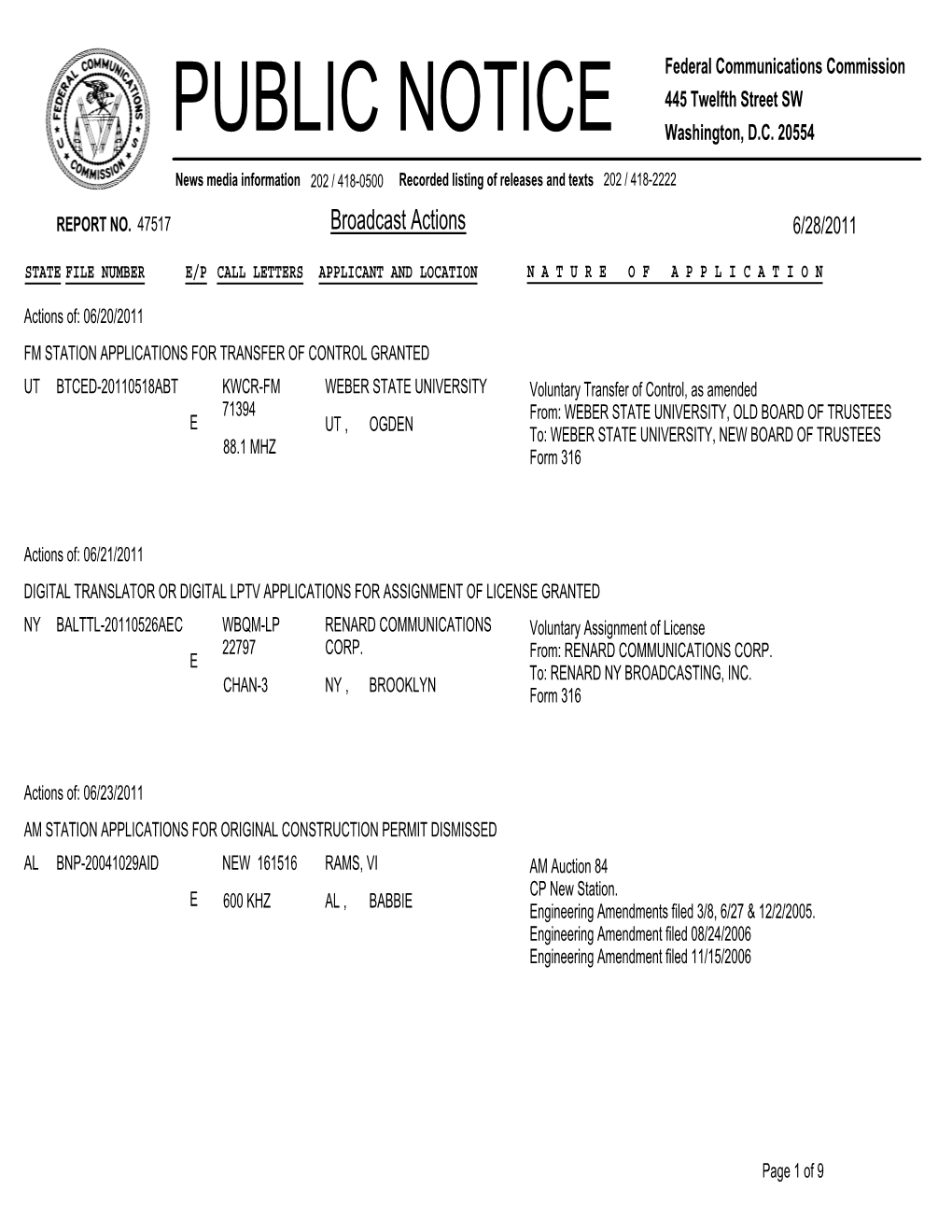 Broadcast Actions 6/28/2011