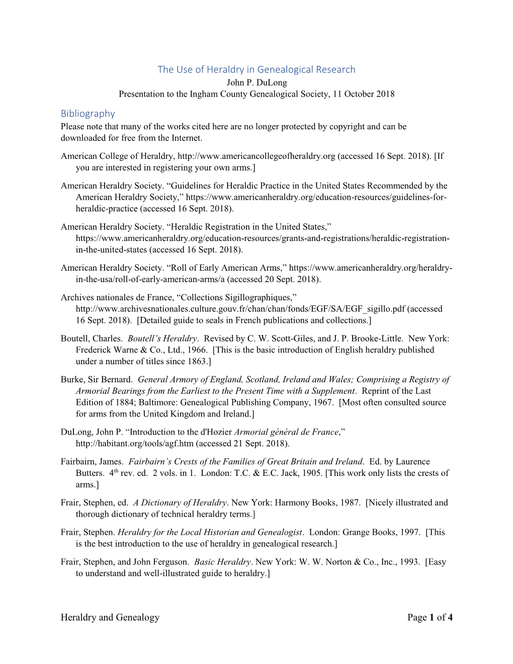 The Use of Heraldry in Genealogical Research Bibliography