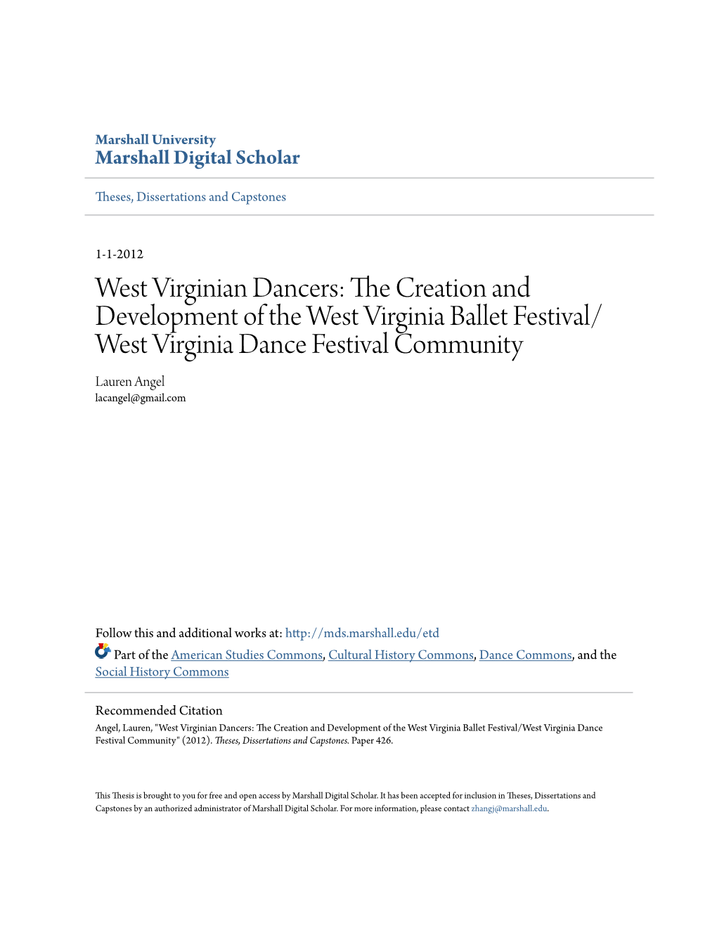 The Creation and Development of the West Virginia Ballet Festival/West