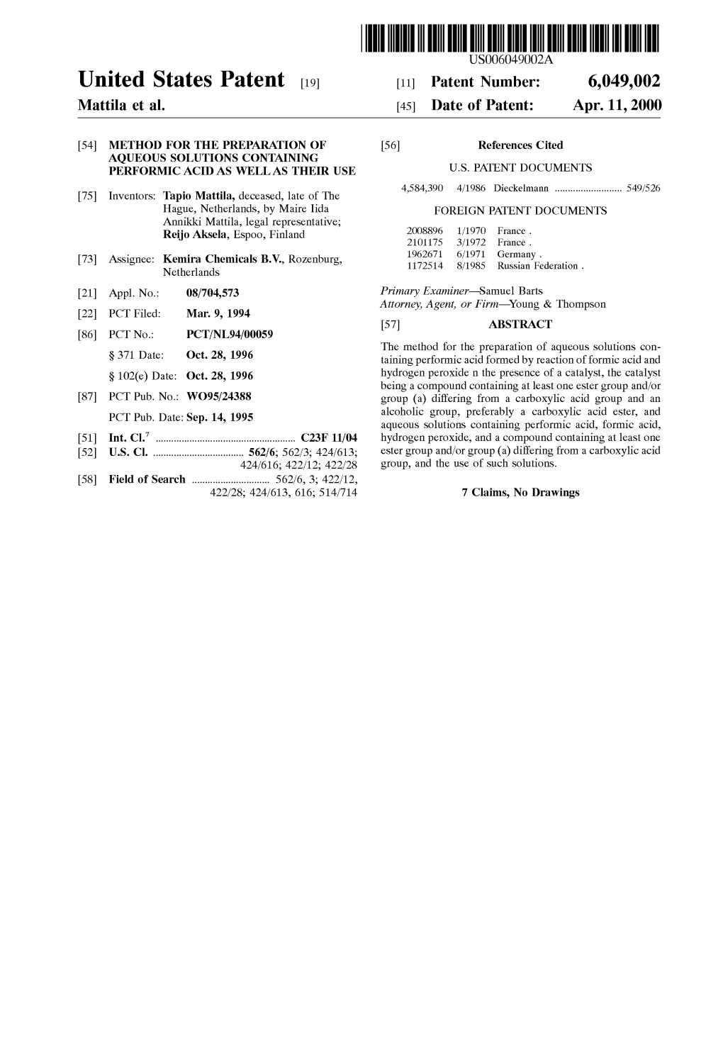 United States Patent (19) 11 Patent Number: 6,049,002 Mattila Et Al