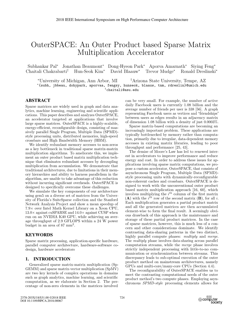 An Outer Product Based Sparse Matrix Multiplication Accelerator