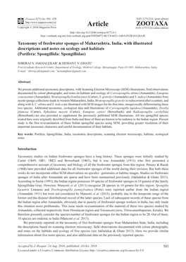 Taxonomy of Freshwater Sponges of Maharashtra, India, with Illustrated Descriptions and Notes on Ecology and Habitats (Porifera: Spongillida: Spongillidae)