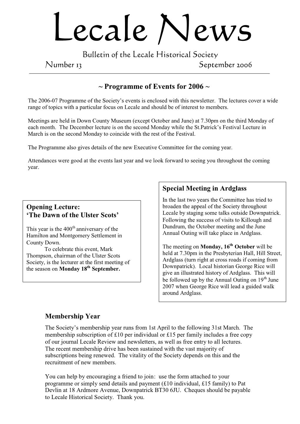 Bulletin of the Lecale Historical Society Number 13 September 2006