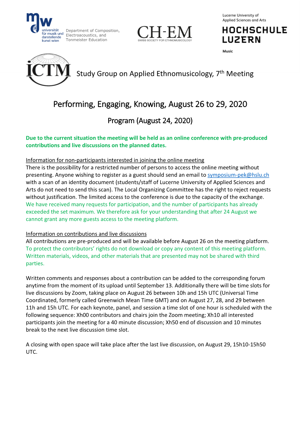 Performing, Engaging, Knowing, August 26 to 29, 2020 Program (August 24, 2020)