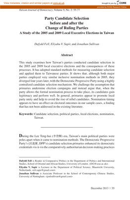 Party Candidate Selection Before and After the Change of Ruling Parties a Study of the 2005 and 2009 Local Executive Elections in Taiwan