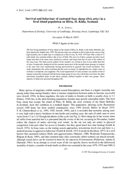 Survival and Behaviour of Castrated Soay Sheep (Ovis Aries) in a Feral Island Population on Hirta, St