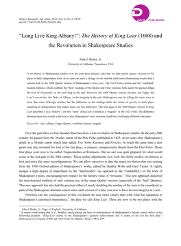 The History of King Lear (1608) and the Revolution in Shakespeare Studies