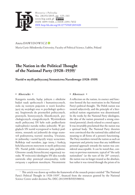 The Nation in the Political Thought of the National Party (1928–1939)1