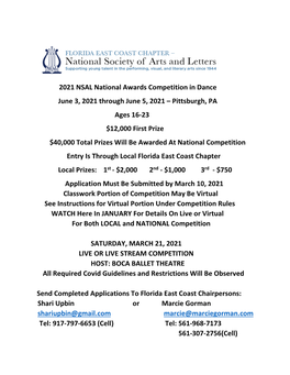 2021 NSAL National Awards Competition in Dance June 3, 2021 Through June 5, 2021 – Pittsburgh, PA Ages 16-23 $12,000 First