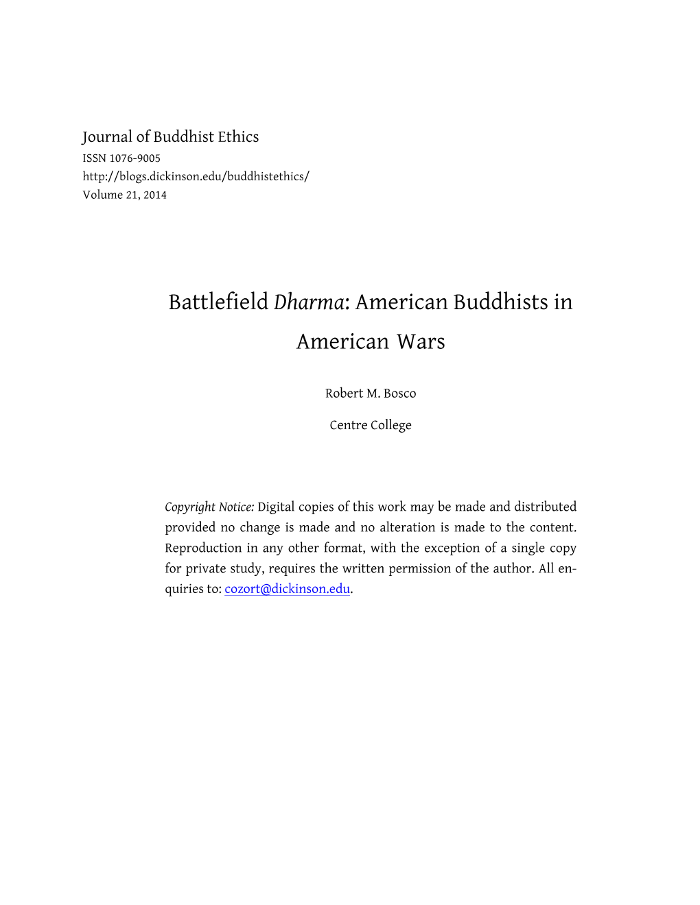 Battlefield Dharma: American Buddhists in American Wars