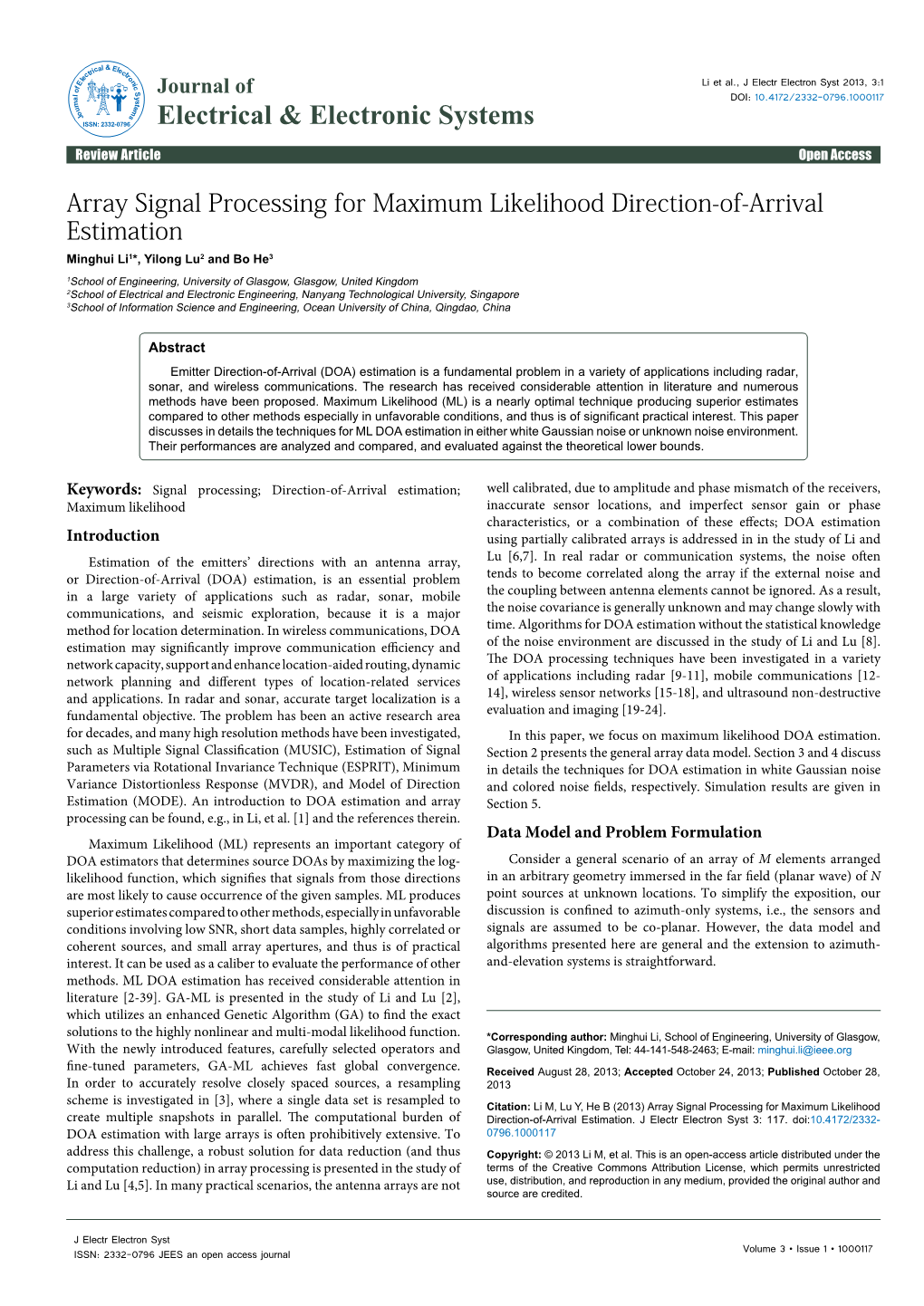 Array Signal Processing for Maximum Likelihood