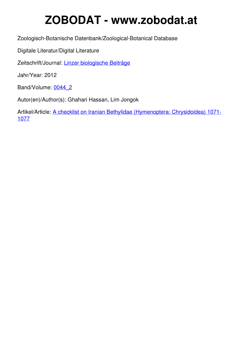 A Checklist on Iranian Bethylidae (Hymenoptera: Chrysidoidea) 1071- 1077 © Biologiezentrum Linz/Austria; Download Unter