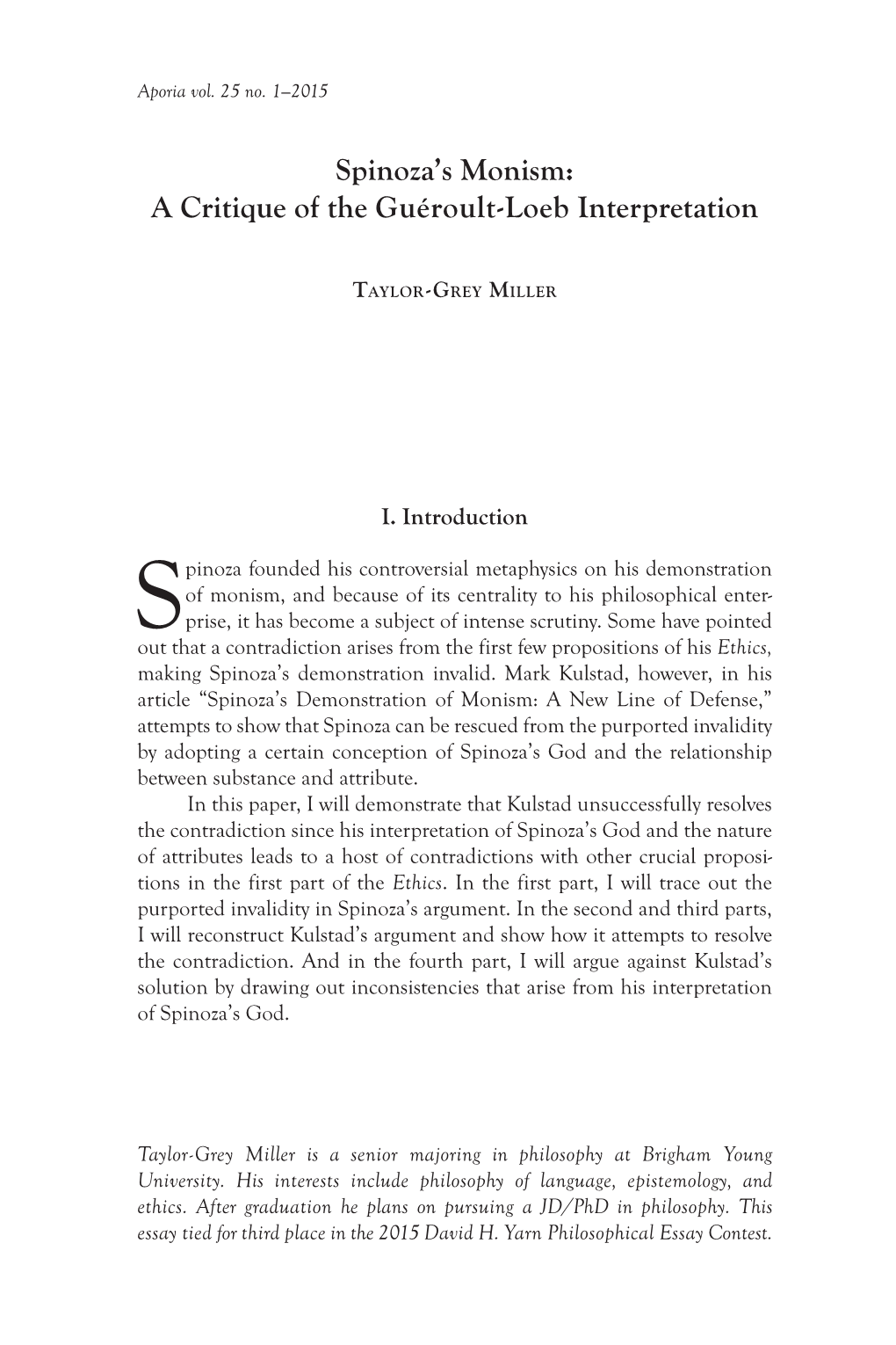 Spinoza's Monism: a Critique of the Guéroult-Loeb Interpretation