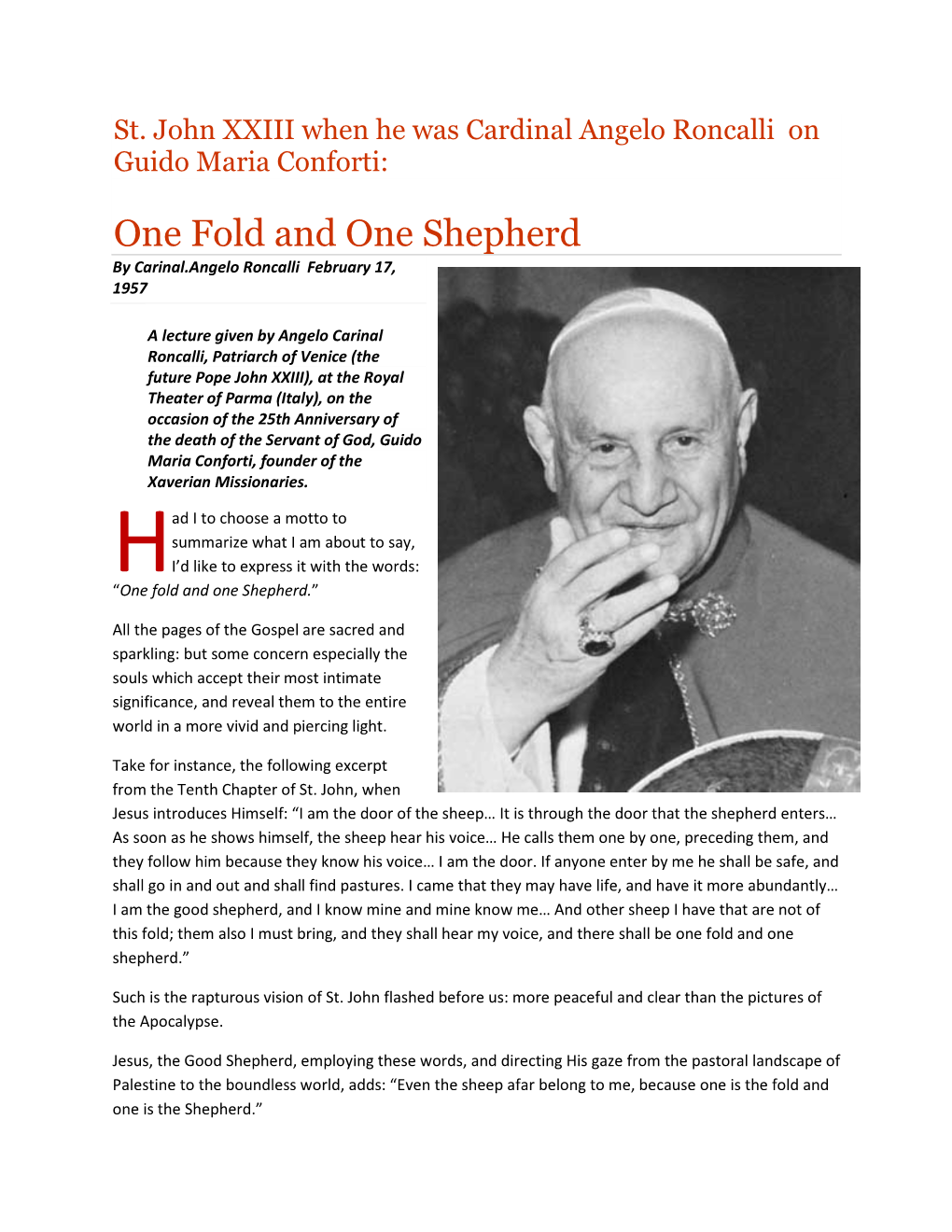 One Fold and One Shepherd by Carinal.Angelo Roncalli February 17, 1957