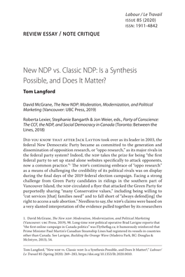 New NDP Vs. Classic NDP: Is a Synthesis Possible, and Does It Matter? Tom Langford