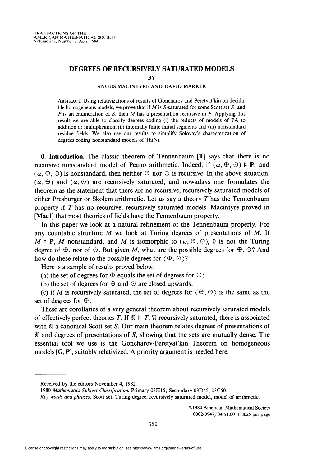 Degrees of Recursively Saturated Models 541