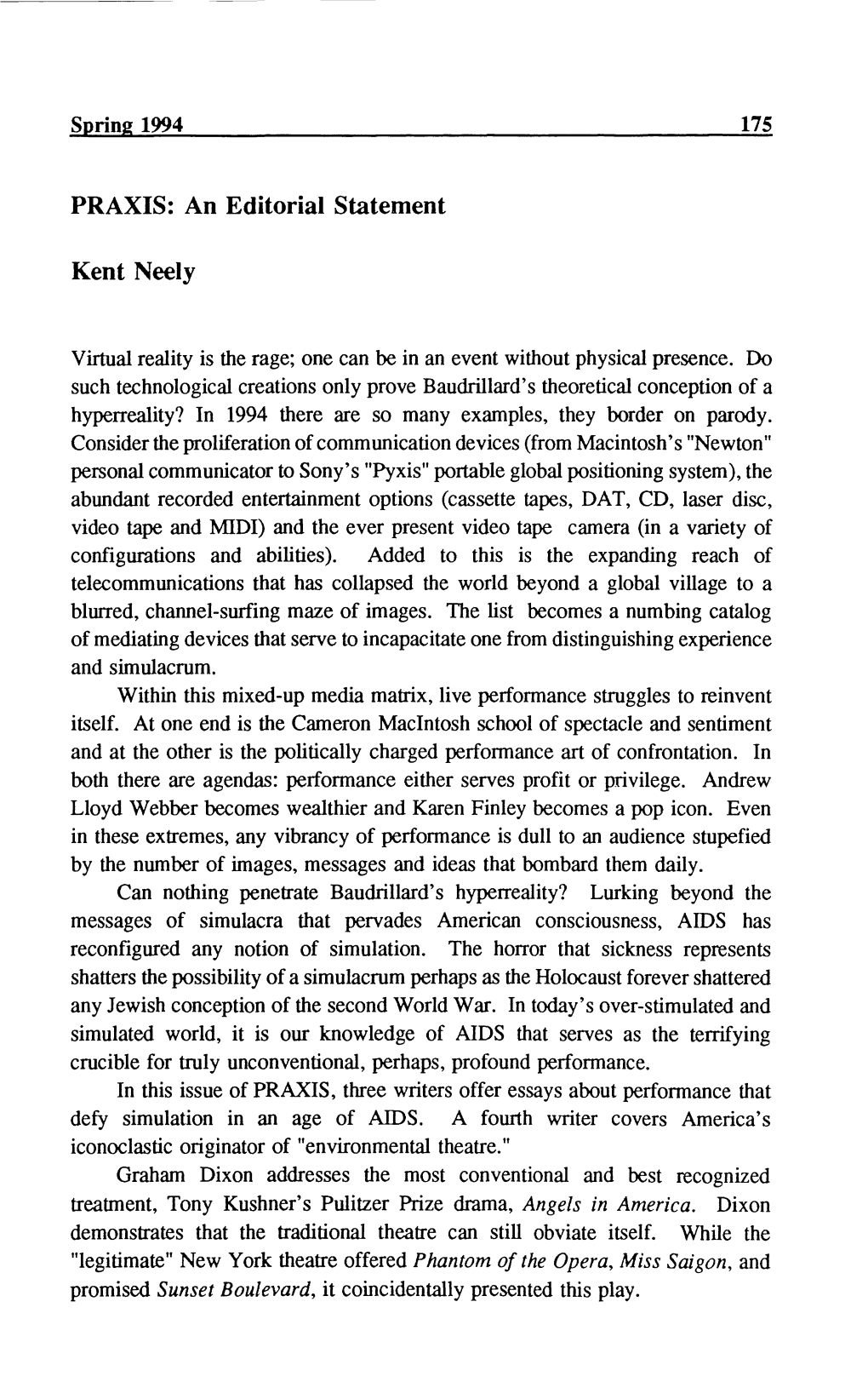 An Editorial Statement Kent Neely