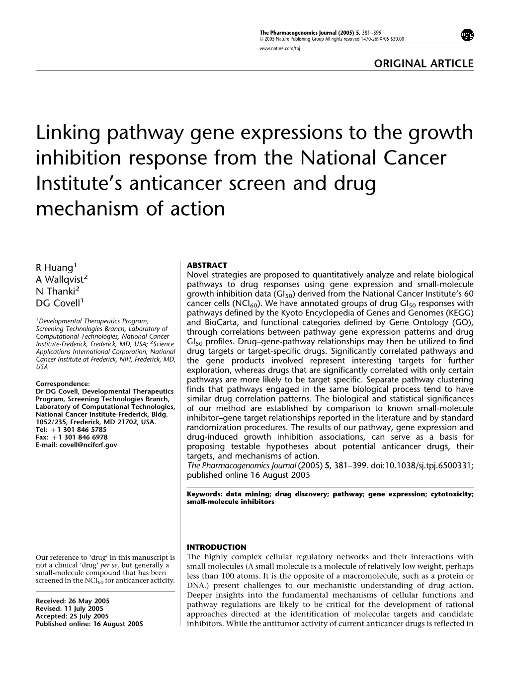 Linking Pathway Gene Expressions to the Growth Inhibition Response from the National Cancer Institute’S Anticancer Screen and Drug Mechanism of Action
