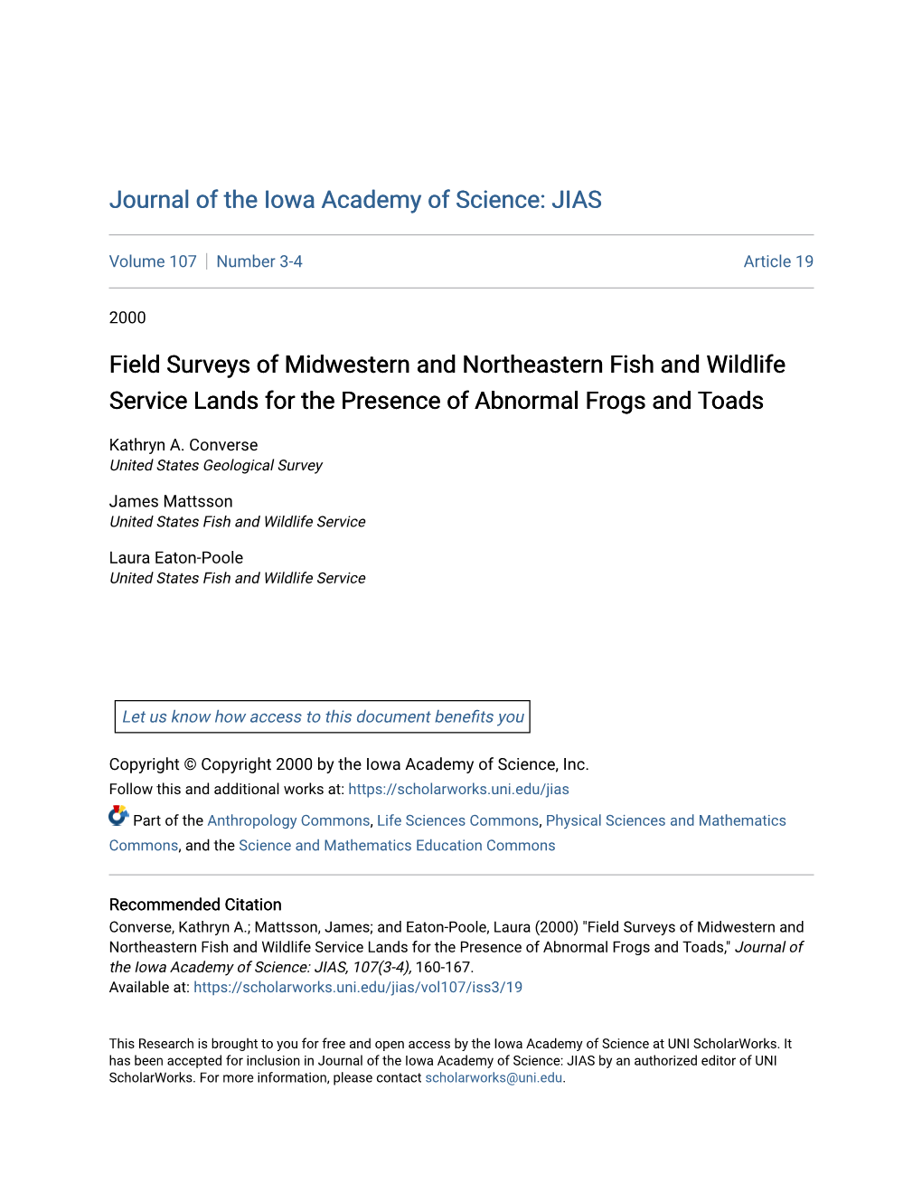 Field Surveys of Midwestern and Northeastern Fish and Wildlife Service Lands for the Presence of Abnormal Frogs and Toads