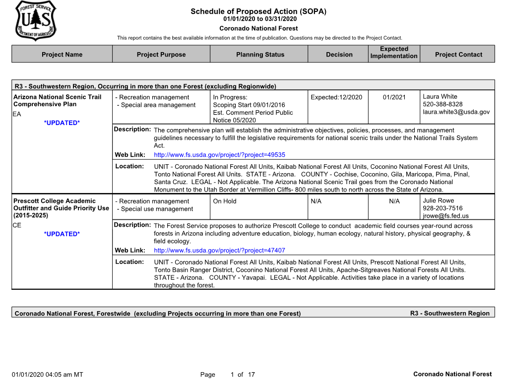 Schedule of Proposed Action (SOPA) 01/01/2020 to 03/31/2020 Coronado National Forest This Report Contains the Best Available Information at the Time of Publication