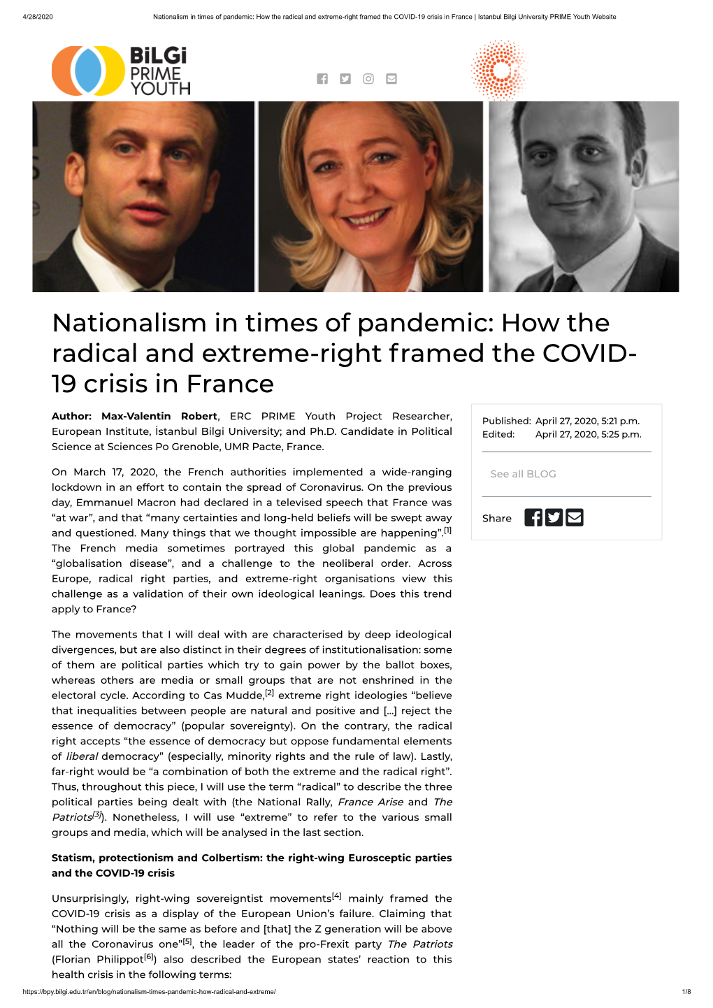 Nationalism in Times of Pandemic: How the Radical and Extreme-Right Framed the COVID-19 Crisis in France | Istanbul Bilgi University PRIME Youth Website