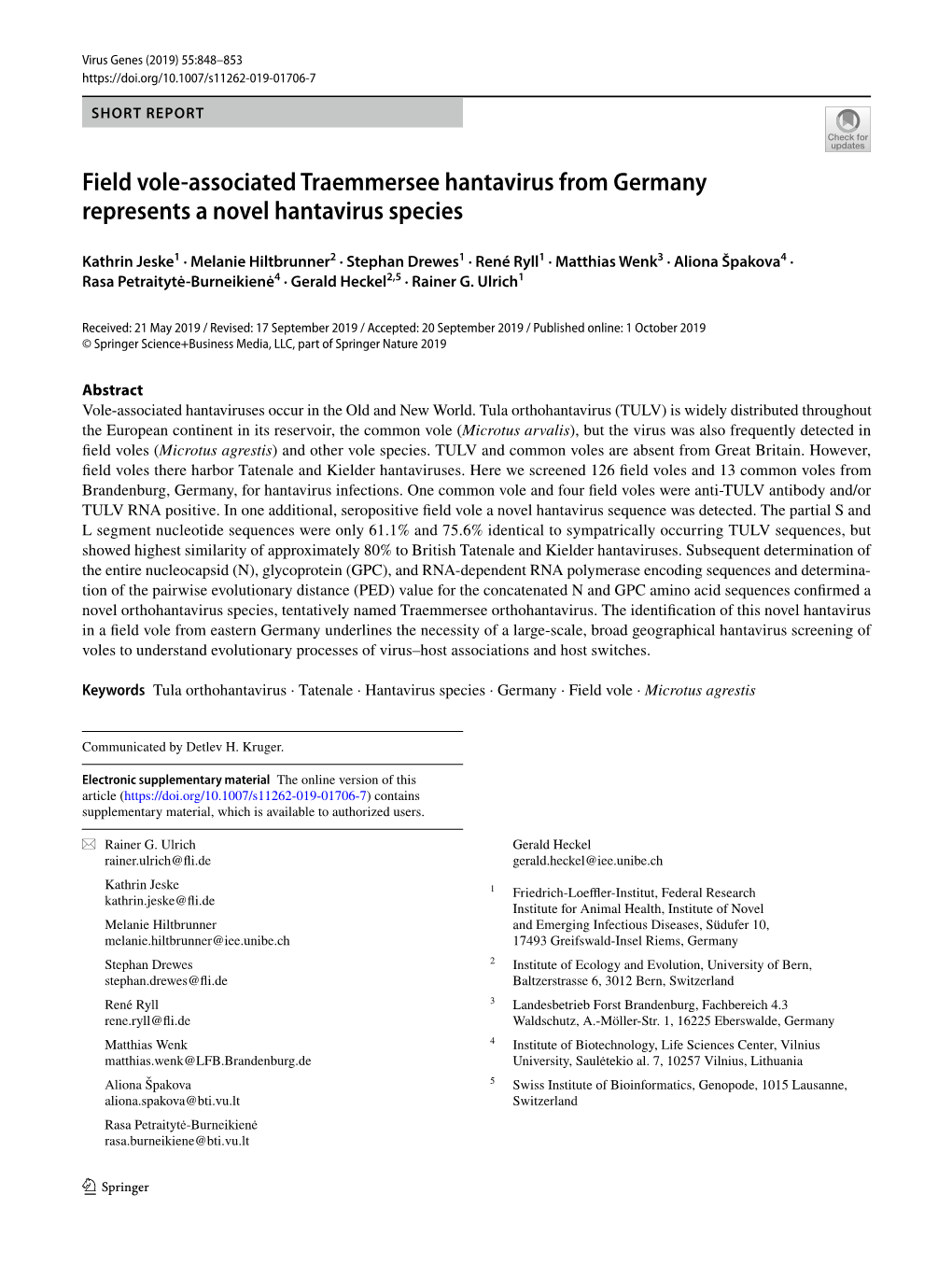 Field Vole-Associated Traemmersee Hantavirus from Germany