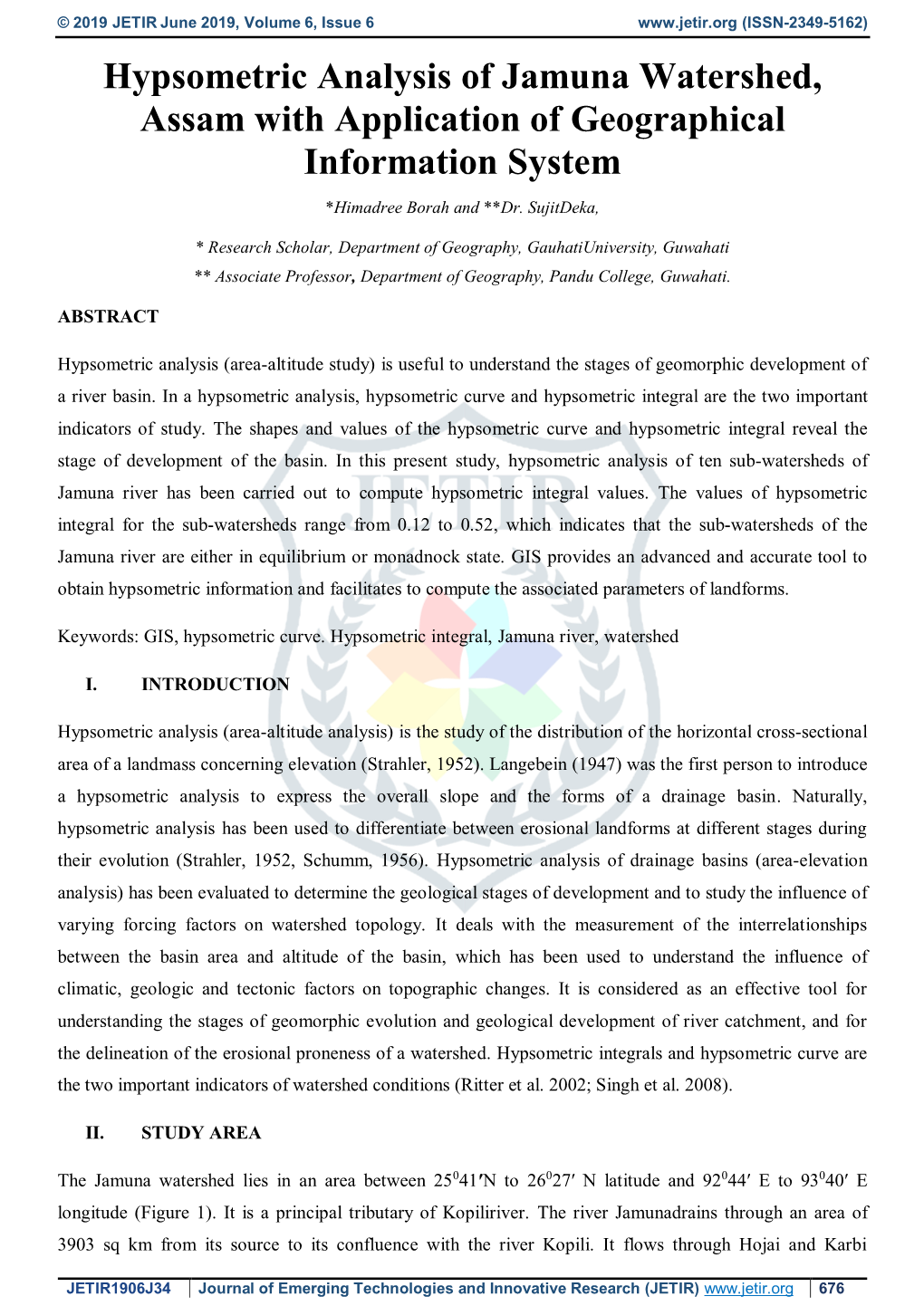 Hypsometric Analysis of Jamuna Watershed, Assam with Application of Geographical Information System