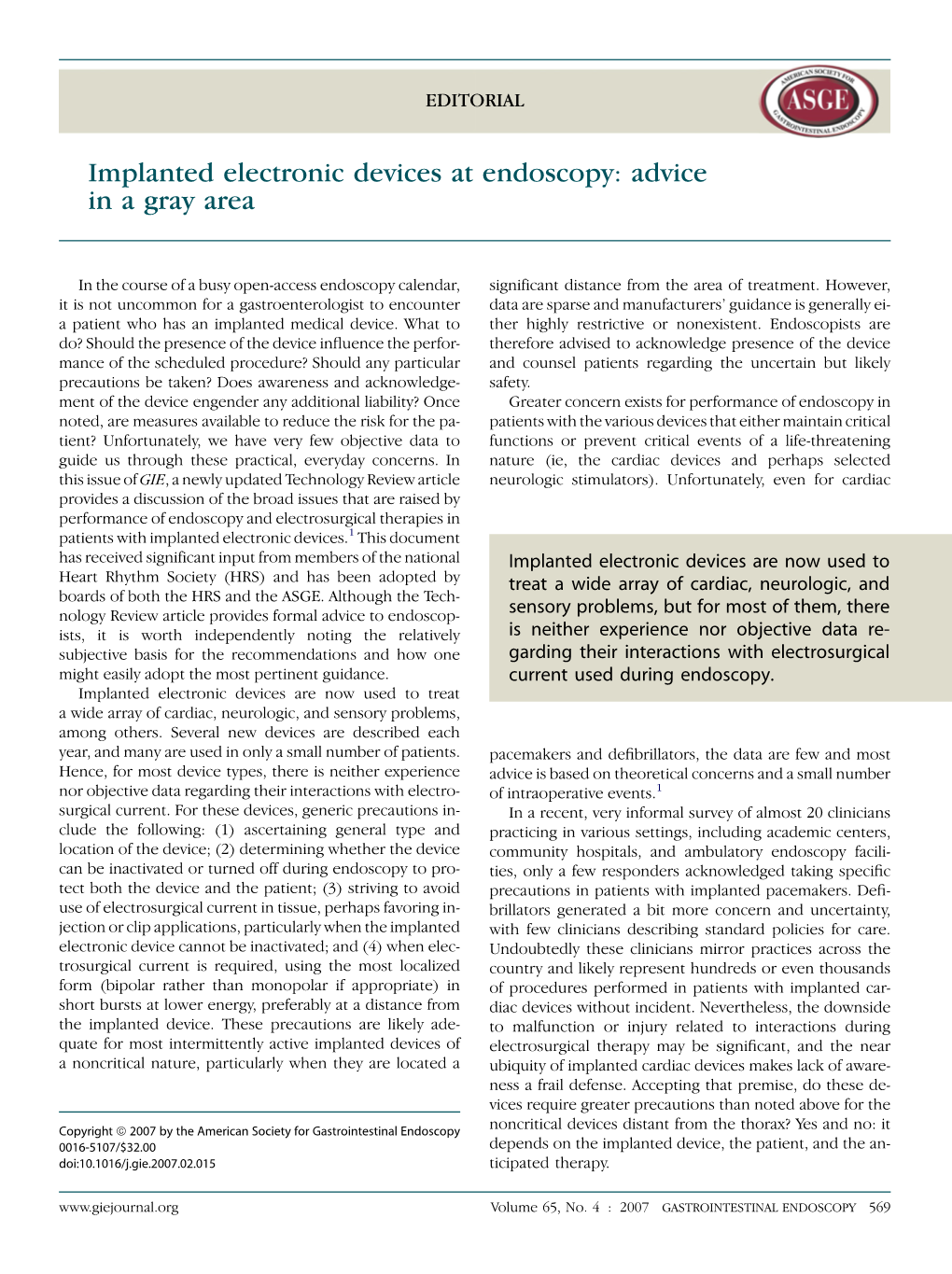 Implanted Electronic Devices at Endoscopy: Advice in a Gray Area