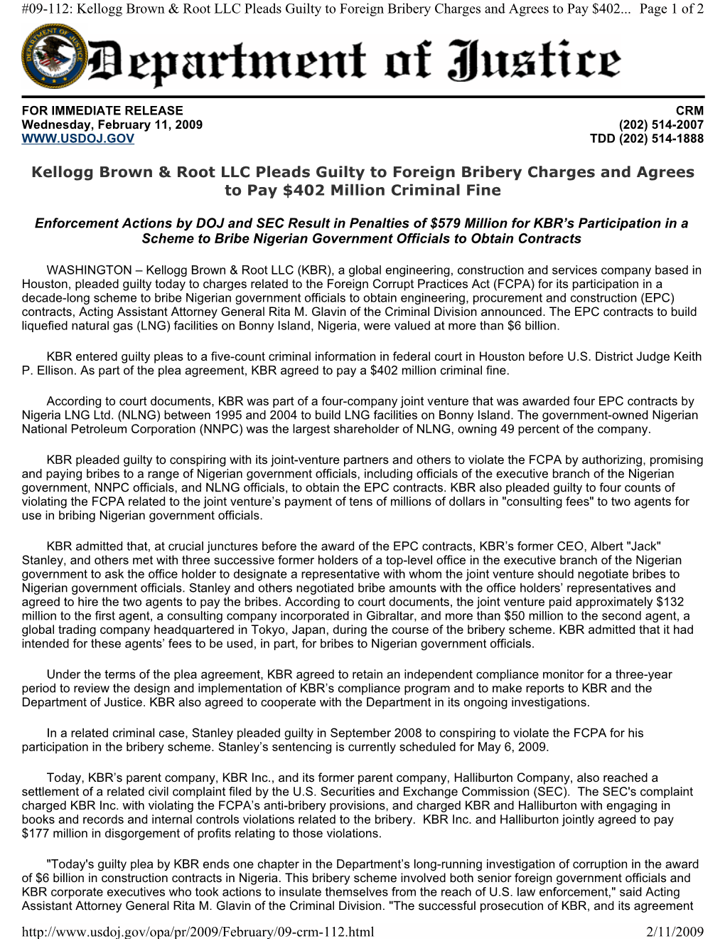 Kellogg Brown & Root LLC Pleads Guilty to Foreign Bribery Charges and Agrees to Pay $402 Million Criminal Fine Page 1 Of