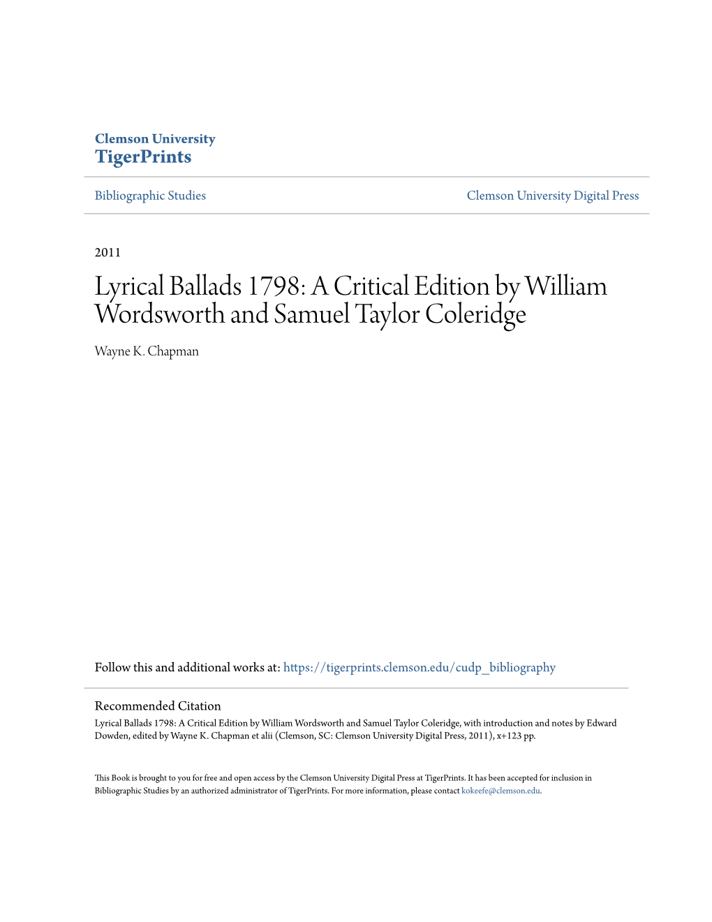 Lyrical Ballads 1798: a Critical Edition by William Wordsworth and Samuel Taylor Coleridge Wayne K