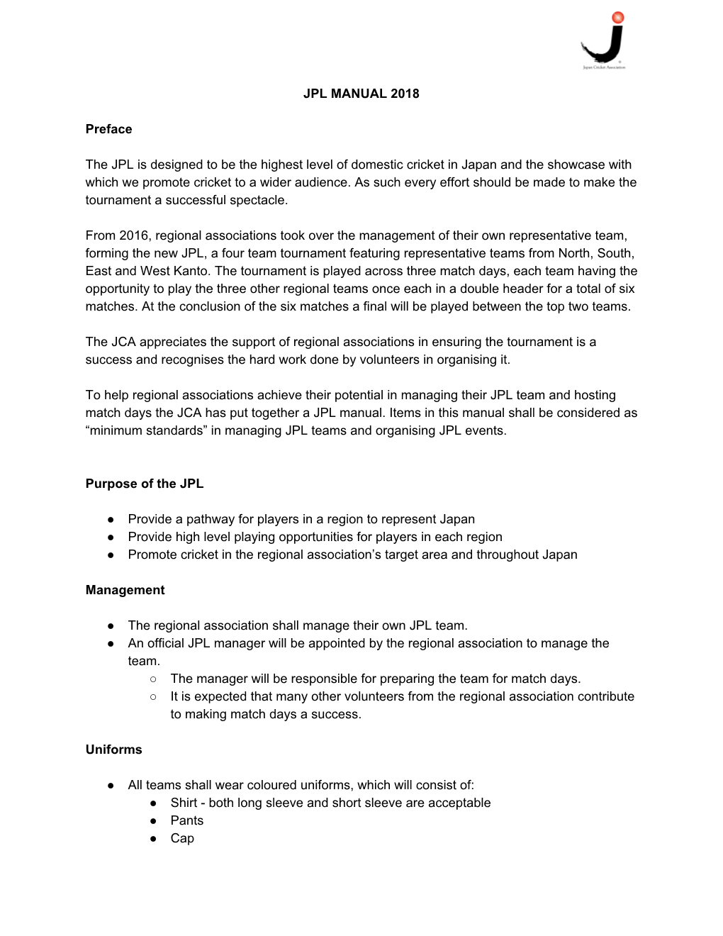 JPL MANUAL 2018 Preface the JPL Is Designed to Be the Highest Level