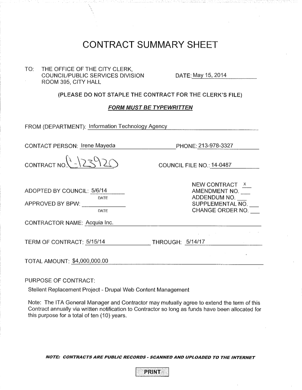 Contract Summary Sheet