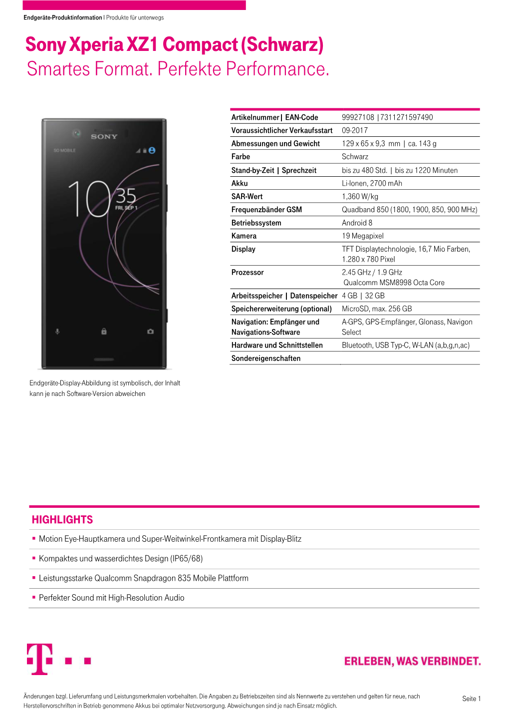 Sony Xperia XZ1 Compact (Schwarz) Smartes Format. Perfekte Performance