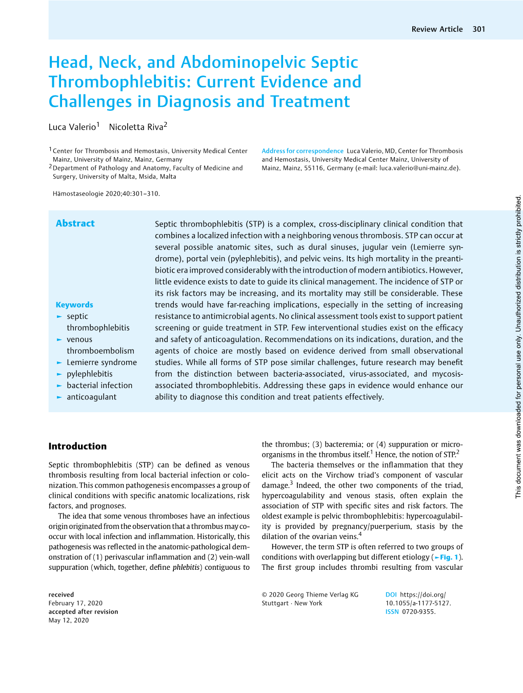 Head, Neck, and Abdominopelvic Septic Thrombophlebitis: Current Evidence and Challenges in Diagnosis and Treatment