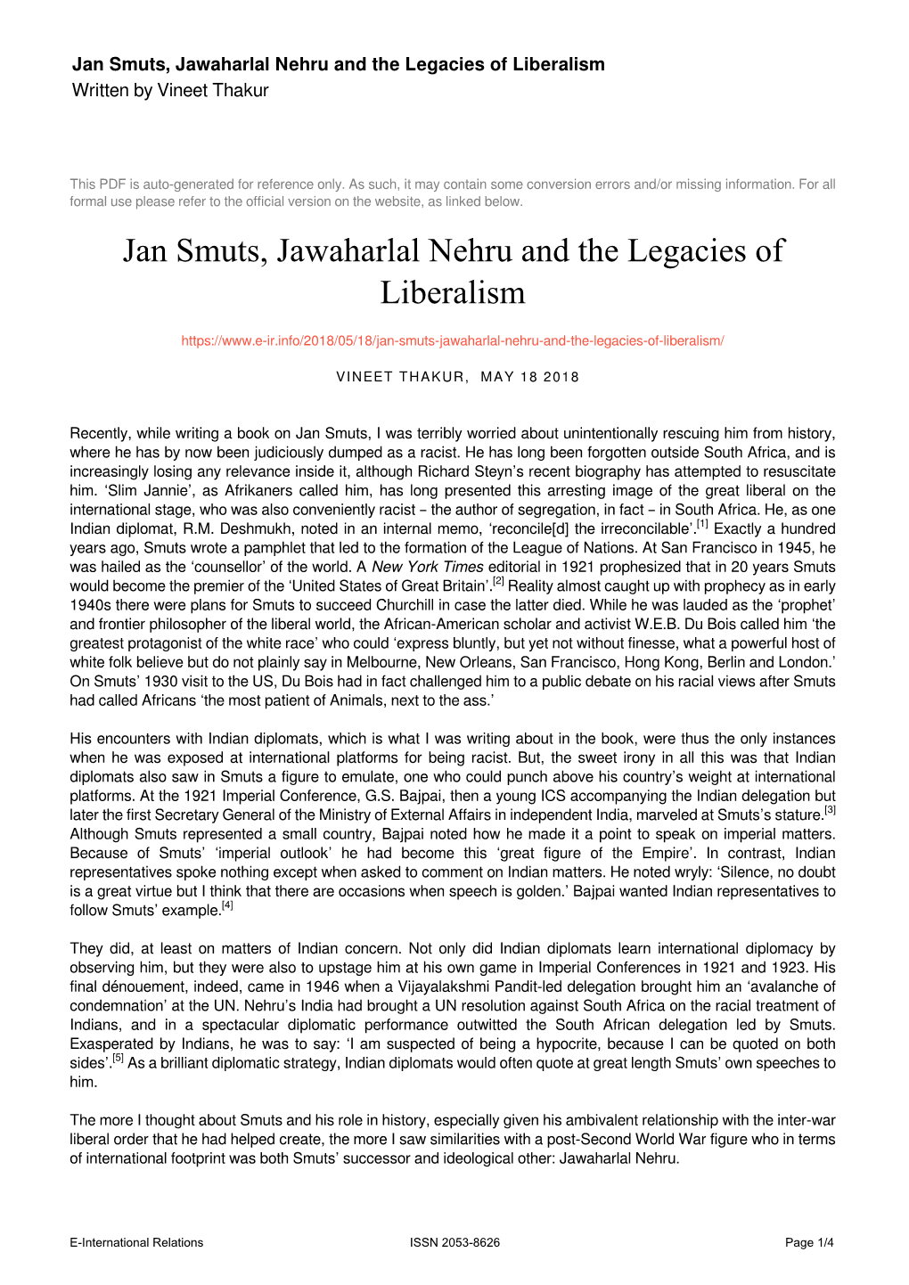 Jan Smuts, Jawaharlal Nehru and the Legacies of Liberalism Written by Vineet Thakur