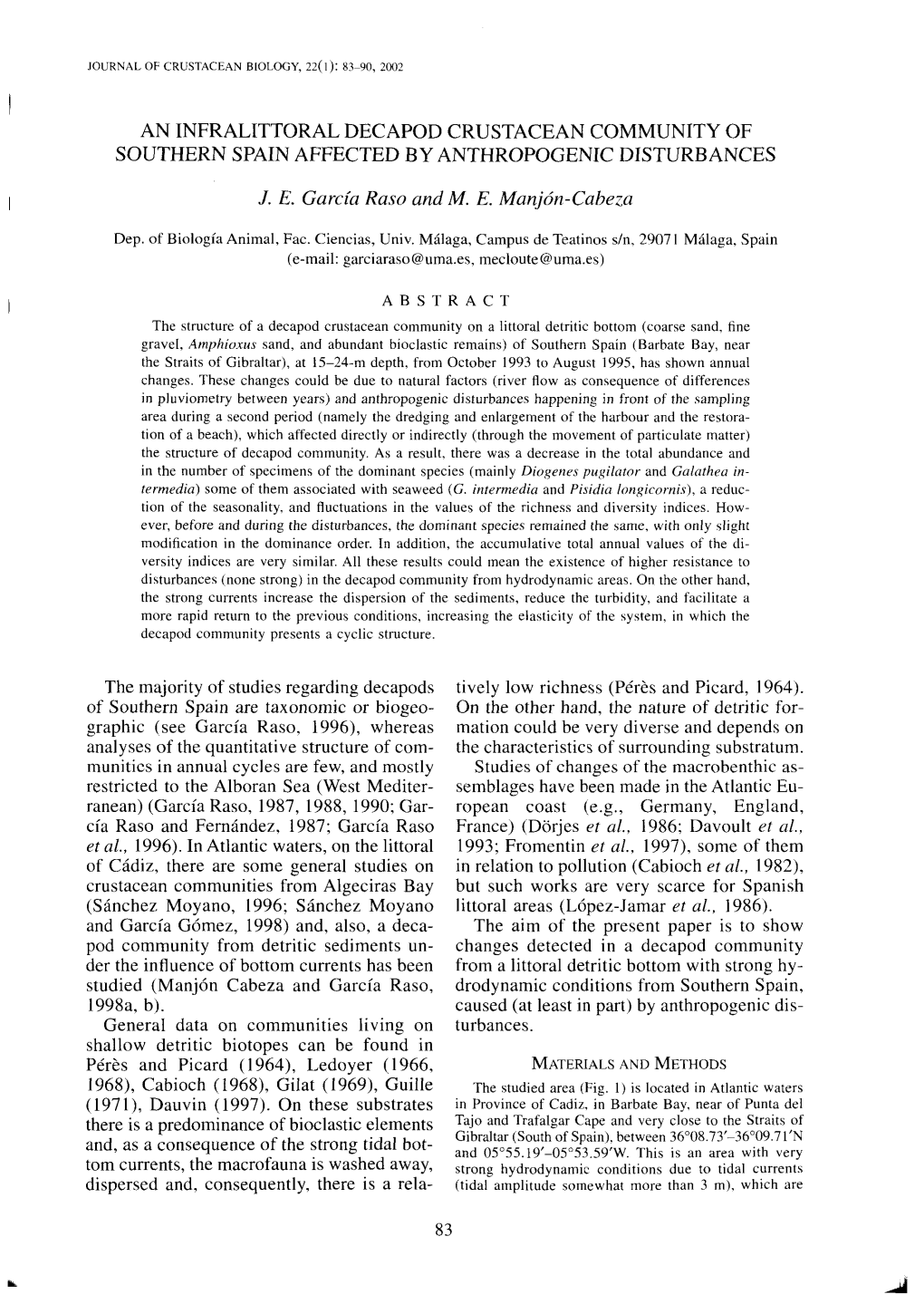 An Infralittoral Decapod Crustacean Community of Southern Spain Affected by Anthropogenic Disturbances