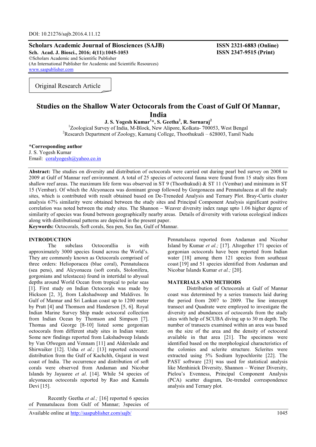 Studies on the Shallow Water Octocorals from the Coast of Gulf of Mannar, India J