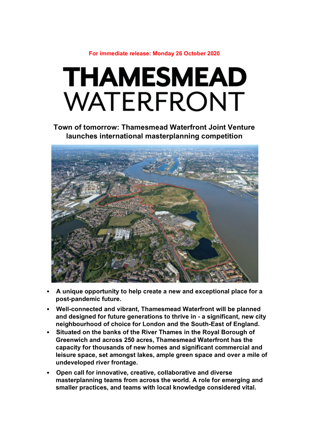 Thamesmead Waterfront Joint Venture Launches International Masterplanning Competition