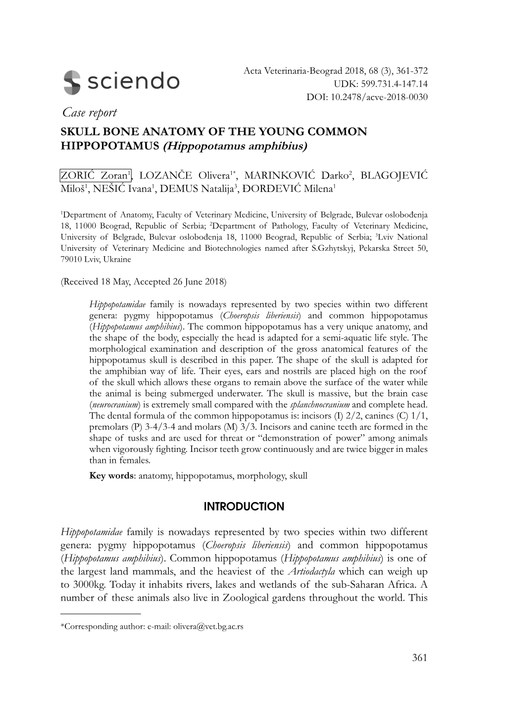 Case Report SKULL BONE ANATOMY of the YOUNG COMMON HIPPOPOTAMUS (Hippopotamus Amphibius)