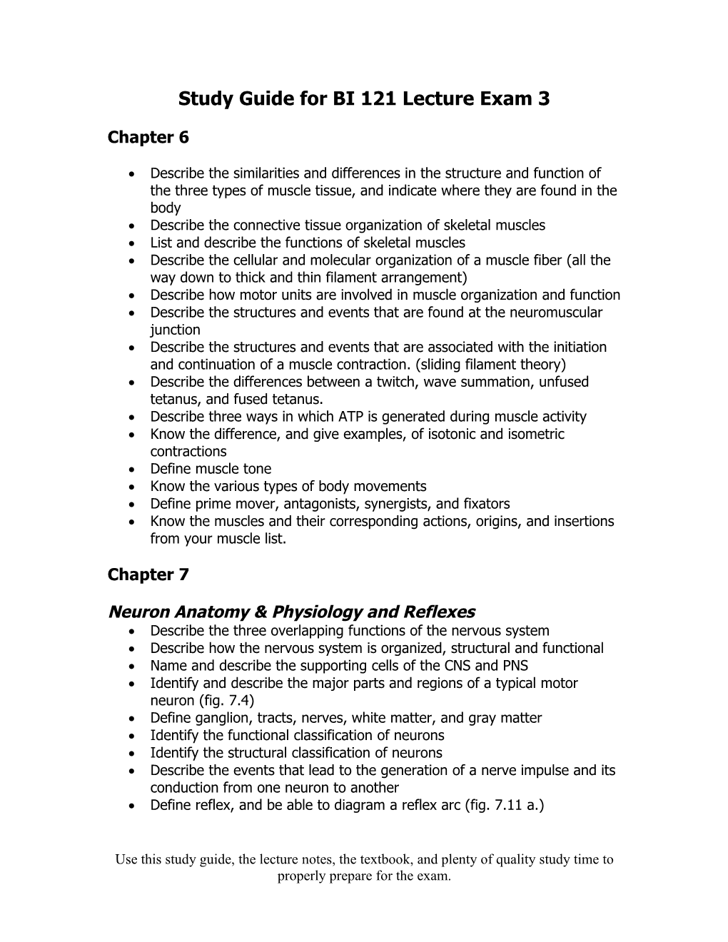 Study Guide for BI 121 Lecture Exam 3