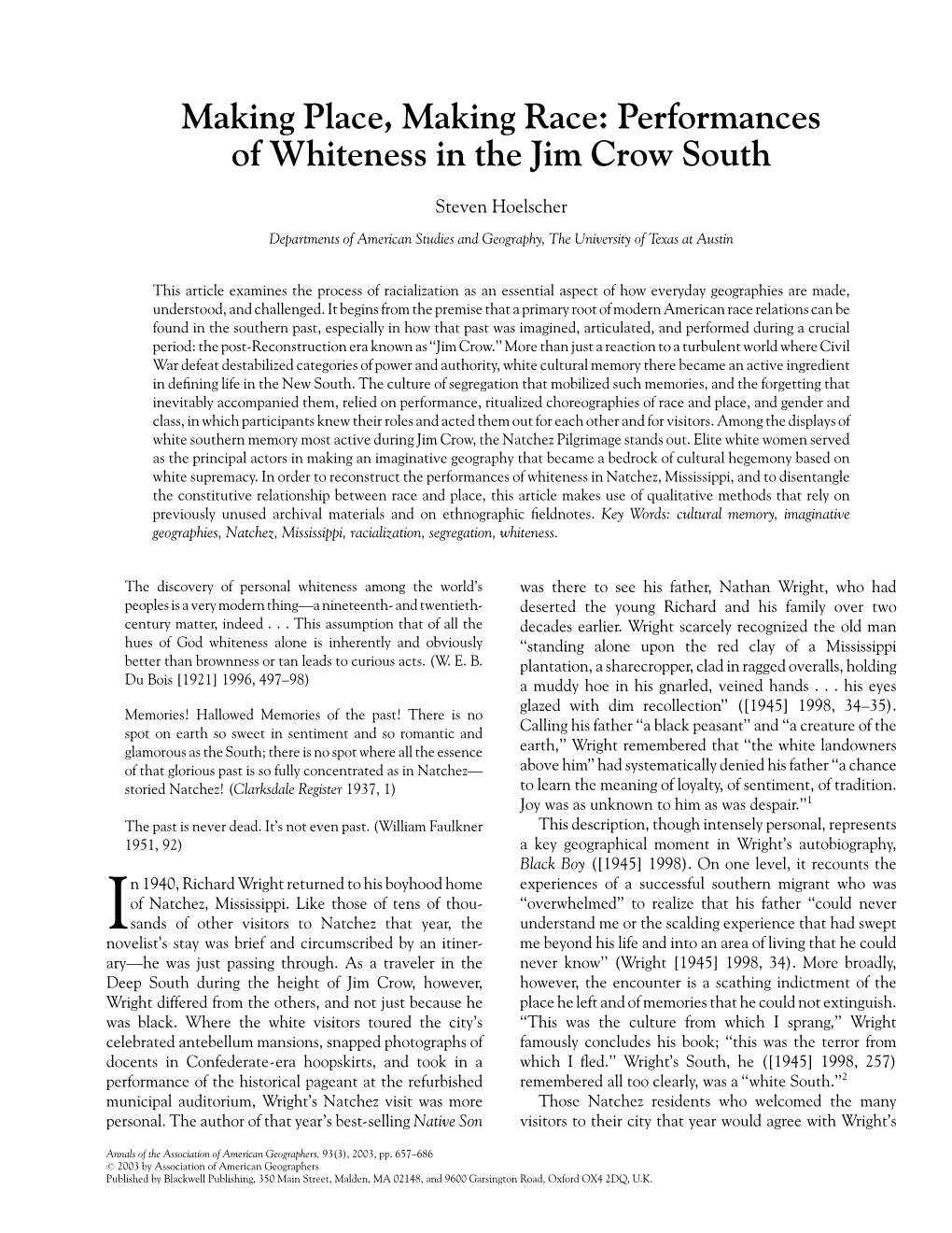 Performances of Whiteness in the Jim Crow South