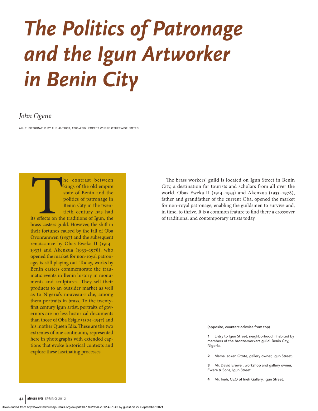 The Politics of Patronage and the Igun Artworker in Benin City