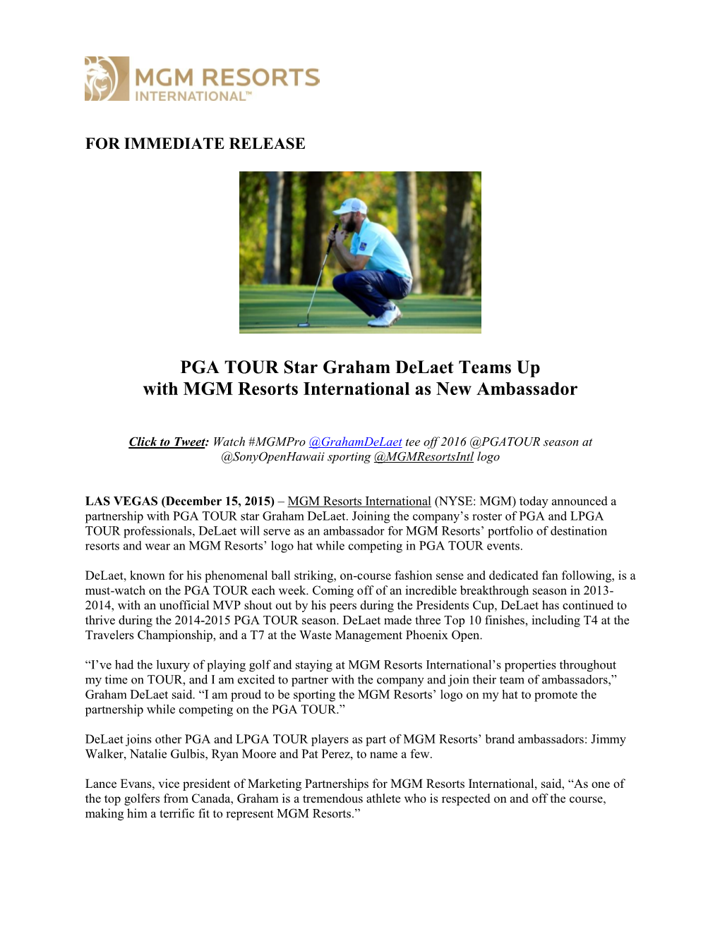 PGA TOUR Star Graham Delaet Teams up with MGM Resorts International As New Ambassador