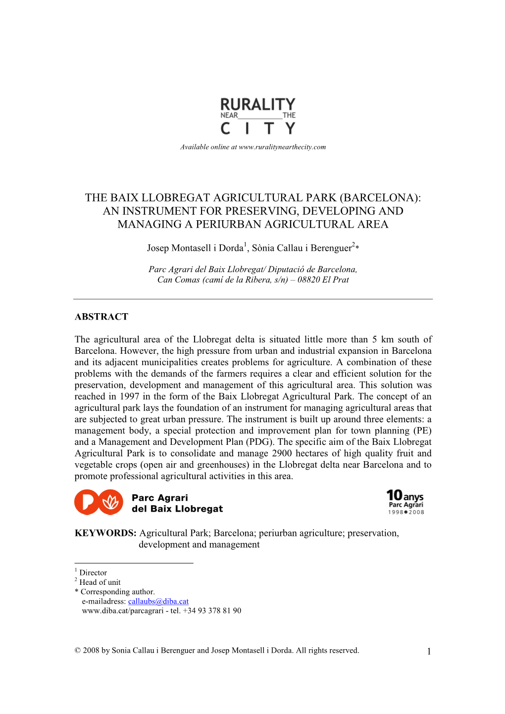 The Baix Llobregat Agricultural Park (Barcelona): an Instrument for Preserving, Developing and Managing a Periurban Agricultural Area