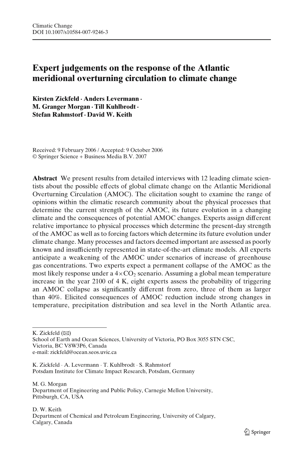 Expert Judgements on the Response of the Atlantic Meridional Overturning Circulation to Climate Change